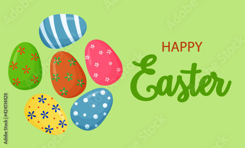 Easter colorful eggs and Happy Easter inscription. A design element for a postcard, poster, or banner. Vector illustration
