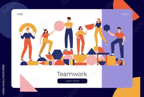 Teamwork, coworking, business partnership concept flat illustration. Characters with abstract geometrical shapes landing page design. Diverse people working together. People organize geometric figures