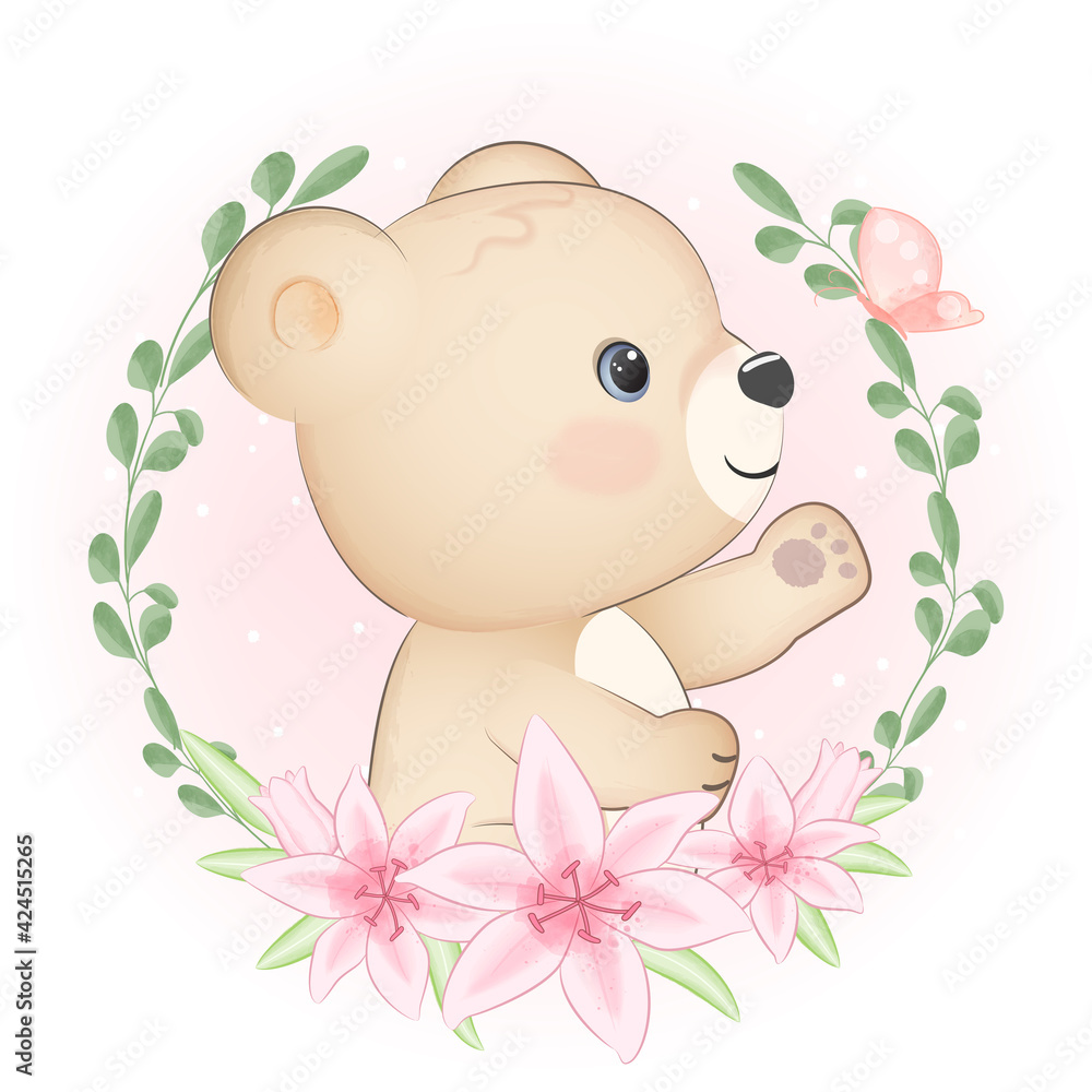 Fototapeta premium Cute Bear and flora frame cartoon animal watercolor illustration