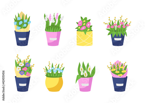 Bouquets in vases flat color vector object set. Flower shop, romantic gift for delivery. Floral arrangements isolated cartoon illustration for web graphic design and animation collection