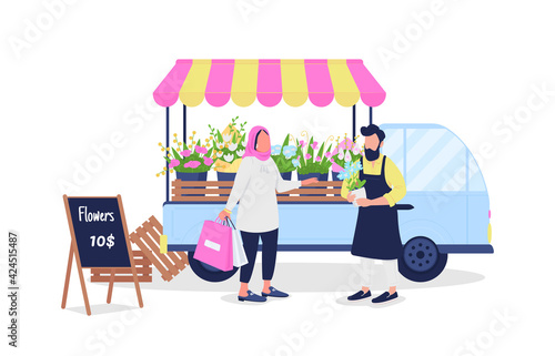 Muslim woman buying flowers from caucasian man flat color vector faceless characters. Florist with truck. Bouquets on van for sale isolated cartoon illustration for web graphic design and animation