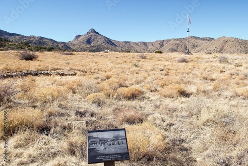 Fort Bowie National Historical Site in Arizona. Fort Bowie was a 19th-century outpost of the United States Army. National Park Service signage regarding Geronimo, Bowie Peak and the flag pole.  photo