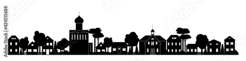 Small Town or village silhouette with chapel houses landscape black and white