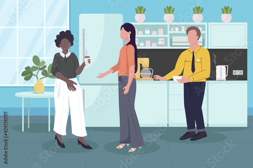 Coffee break at work flat color vector illustration. Company kitchen. Coworkers chatting during lunch break. Colleagues with drinks 2D cartoon characters with corporate cafeteria on background