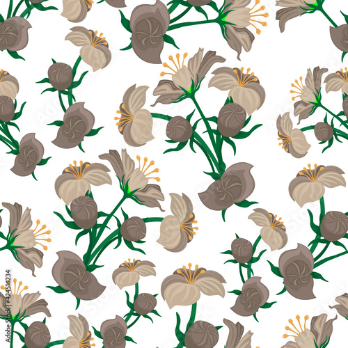 Grey wild flowers on white background. Seamless floral pattern, vector.