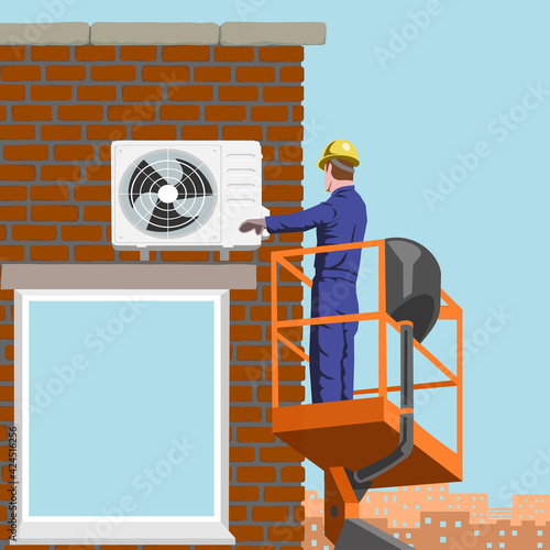 Vector Installation of an outdoor air conditioner at a height Worker in the truck tower basket Using a telescopic aerial platform