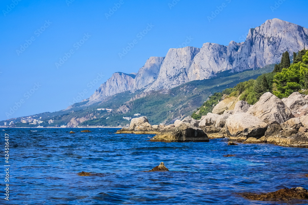 Views for the Crimean mountains and beach in sunny summer day