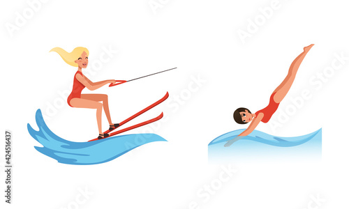 Water Sports Set, Young Women Riding Waterski, Diving into the Water Cartoon Vector Illustration