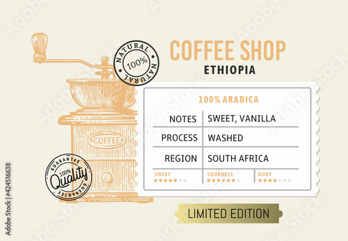 coffee package with text and coffee grinder. Trademark with hand drawn element