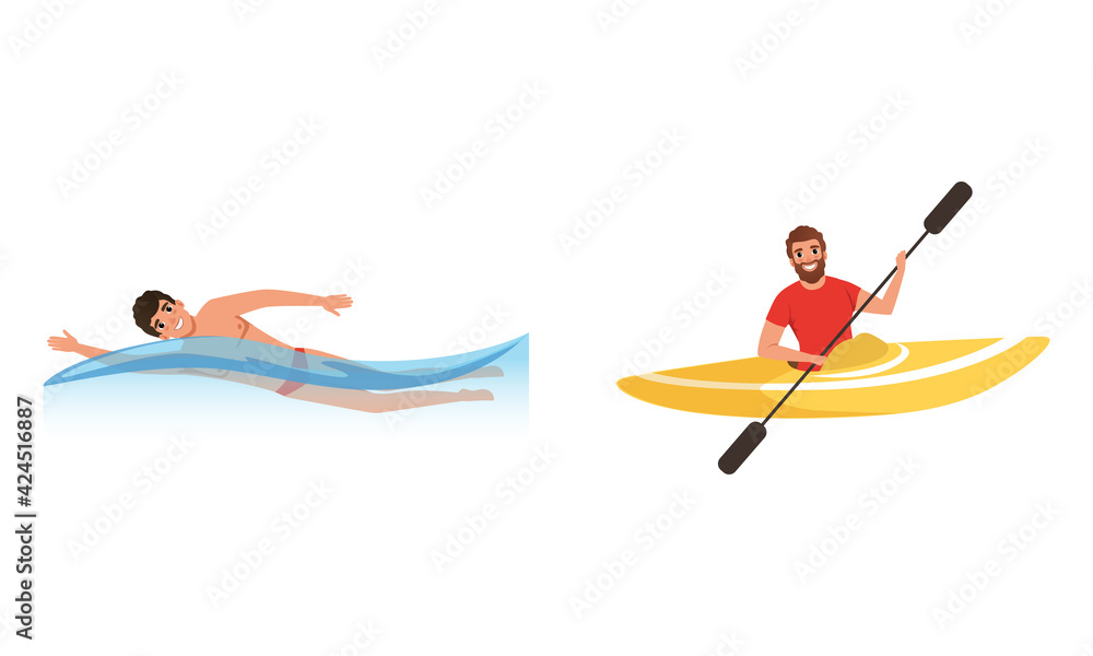 Water Sports Set, Young Men Swimming and Kayaking Cartoon Vector Illustration