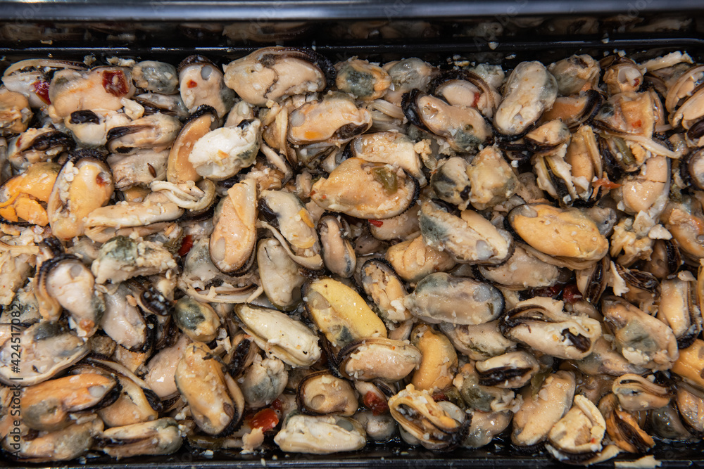 Mussels shrimp in plastic container Mussels shrimp in plastic container