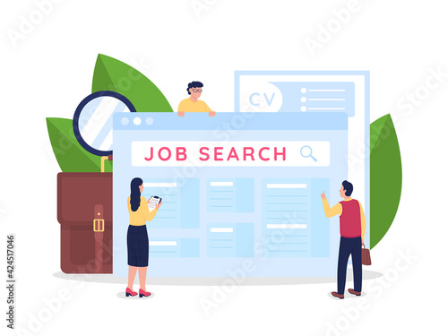 Searching for employment opportunities flat concept vector illustration. Seeking job. Vacancies online. Unemployed 2D cartoon characters for web design. Jobless people creative idea
