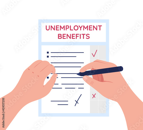 Unemployment benefits flat concept vector illustration. Insurance and assistance with welfare. Filing documents 2D cartoon character for web design. Application for social support creative idea