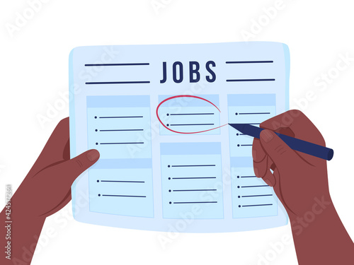 Looking for job flat concept vector illustration. Marking vacancies in newspaper. Circle work opportunity. African american jobless 2D cartoon character for web design. Unemployment creative idea