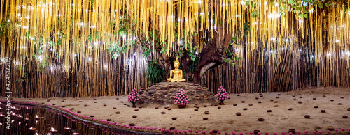 Candle Light with Buddha Statue at Wat Pan Tao Temple with beautiful water reflection in Phan Tao Temple, Chiangmai, Thailand photo