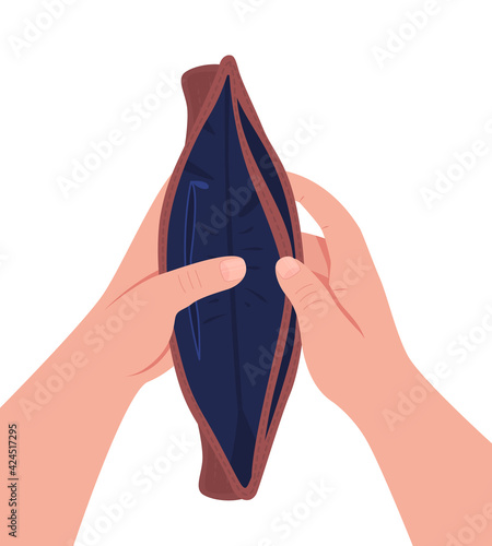 Empty wallet flat concept vector illustration. Financial recession, jobless person. No budget. Caucasian hands holding purse of 2D cartoon character for web design. Unemployment problem creative idea