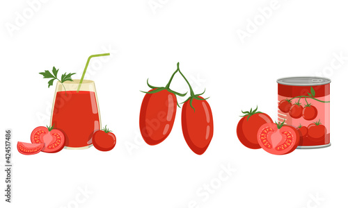 Ripe and Canned Tomatoes Set, Fresh Juice, Tomato Soup, Organic Healthy Product Cartoon Vector Illustration