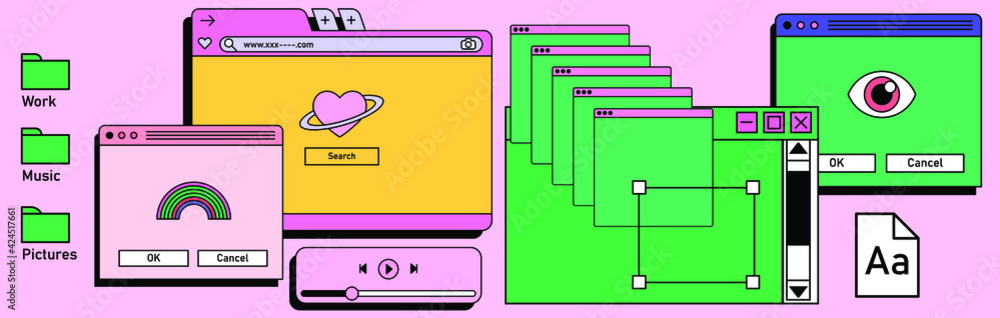 Retro vaporwave desktop with message boxes and user interface elements. A conceptual illustration of website and application programming. - obrazy, fototapety, plakaty 
