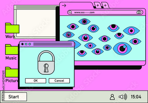 Retro vaporwave desktop with message boxes and user interface elements. A conceptual illustration of ransomware, spyware and computer security.