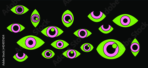 Many cartoon eyes stare out of the darkness. A conceptual illustration of paranoia, hallucinations and delusional perceptions.