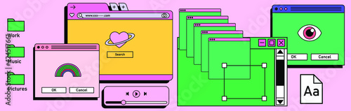 Retro vaporwave desktop with message boxes and user interface elements. A conceptual illustration of website and application programming.
