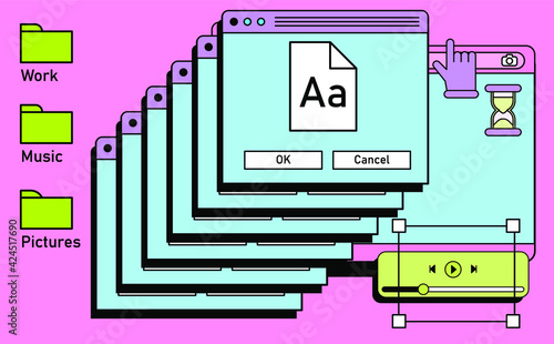 Retro vaporwave desktop with message boxes and user interface elements. A conceptual illustration of website and application programming.