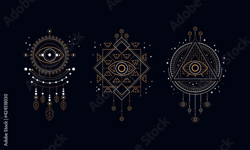 Luxury Dream Catchers Set, Golden Ethnic Symbols with Feathers, Beads and Jewels Vector Illustration