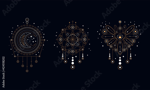 Boho Style Dream Catchers Set, Golden Ethnic Symbols with Feathers, Beads and Jewels Decorative Element d Vector Illustration