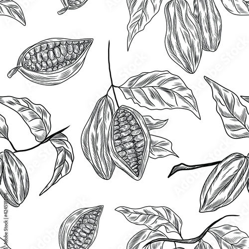 Seamless pattern with cacao tree branches, cocoa beans, seeds. Hand drawn floral wellpaper