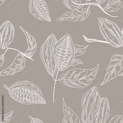 Seamless texture, floral pattern with cacao beans