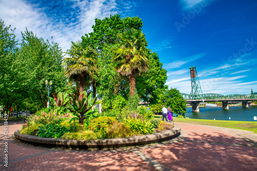PORTLAND, OR - AUGUST 18, 2017: City park and bridge on a sunny day