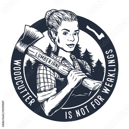 Lumberjack woman of carpenter or female axeman. Woodworker and logger with axe in hand. Monochrome print