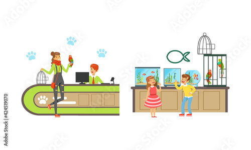 Cheerful People Shopping in Pet Shop Set, Visitors Buying Pets, Food, Accessories and Medicaments Vector Illustration