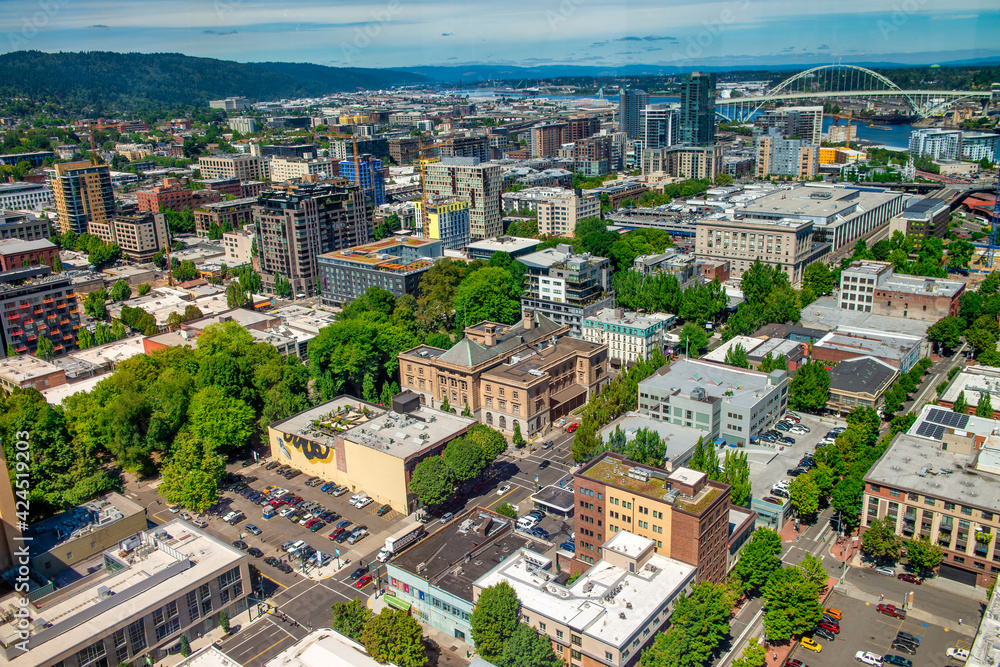 PORTLAND, OR - AUGUST 18, 2017: Aerial view of city skyline