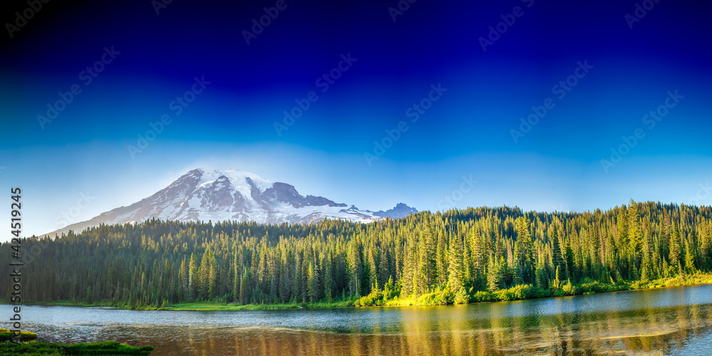 Mount Rainier reflections on the lake, Washington, USA