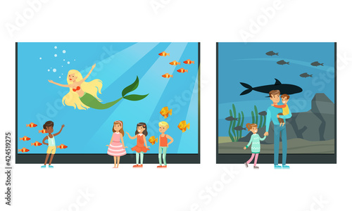 People Visiting Oceanarium, Visitors Watching Underwater Scenery with Sea Animals and Mermaid at Excursion Vector Illustration