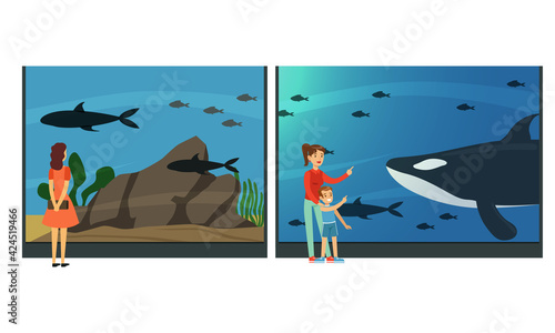 People in Oceanarium, Visitors Watching Sea Animals in Underwater Museum Vector Illustration