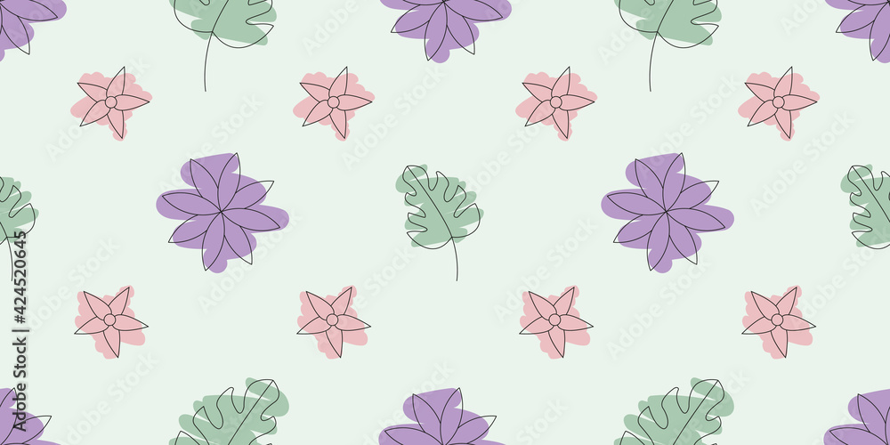 Seamless exotic pattern. Tropical vector illustration. Plant illustration with flowers and leaves. Hawaiian pattern on a green background.