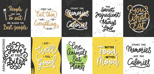 Set of 10 motivational and inspirational healthy lifestyle and eating lettering posters, decoration, prints, t-shirt design.