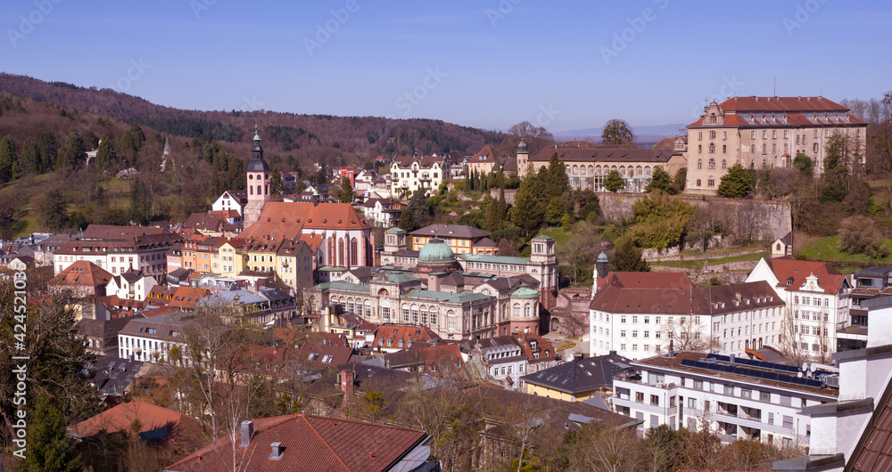 The Bathing district in Baden Baden with the New Castle and famous Friedrichsbad and the collegiate church. Seen from Anna mountain. Baden Wuerttemberg, Germany, Europe