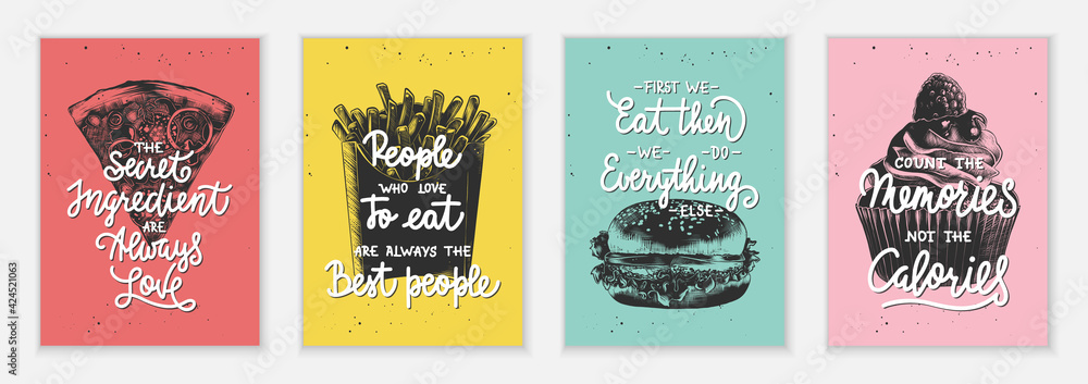 Set of 4 advertising and inspirational fast food and eating lettering ...