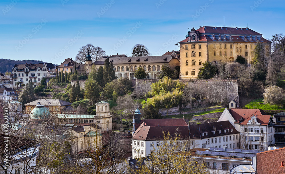 Naklejka premium The Bathing district in Baden Baden with the New Castle and famous Friedrichsbad and the collegiate church. Seen from Anna mountain. Baden Wuerttemberg, Germany, Europe