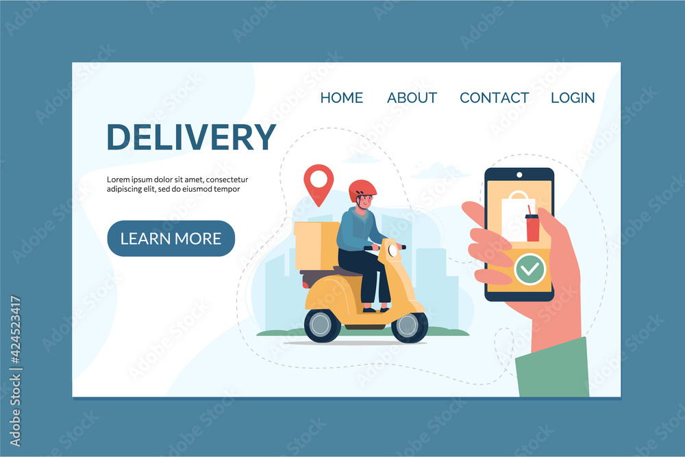 Food delivery service concept and app for tracking online orders, home delivery. Electric moped courier. Website template with flat style vector illustrations