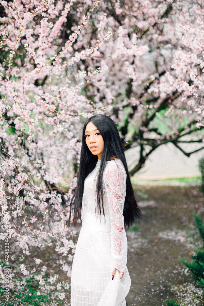portrait of beautiful young asian woman with blooming cherry blossoms sakura flowers. Enjoying of spring. flying petals of cherry portrait of beautiful young asian woman with blooming cherry blossoms sakura flowers. Enjoying of spring. flying petals of cherry