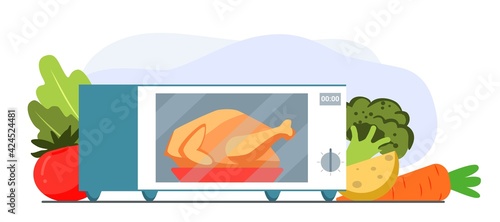 Microwave oven with grill chicken Household appliance for cooking heating and defrosting food Electric roaster device vector illustration in flat style Gala Dinner Preparation