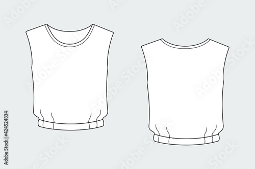 Female top vector template isolated on a grey background. Front and back view. Outline fashion technical sketch of clothes model.
