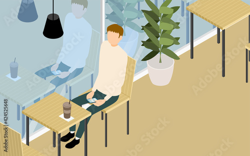 ウッド調のカフェのテラス席でお茶をする男、アイソメトリック