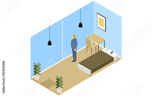 壁がガラス張りのゲストハウスの室内、アイソメトリック