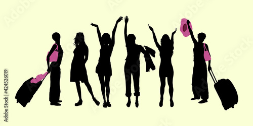 Female silhouettes of young girls 6 people happily waving their raised up hands, woman with suitcase and hat, concept of vacation, summer vacation and tourism. Vector illustration