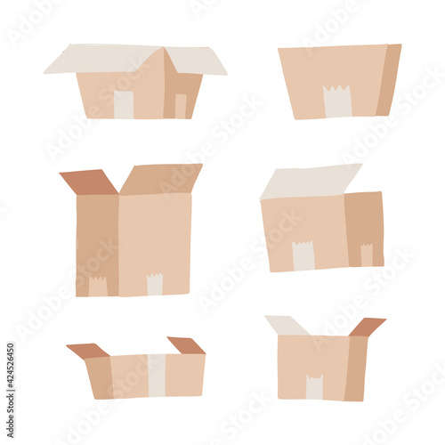 Carton delivery packaging set - open and closed. Collection of paper boxes. Flat vector illustration isolated on a white background
